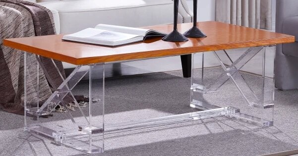 Modern acrylic coffee table with wood top and acrylic table leg